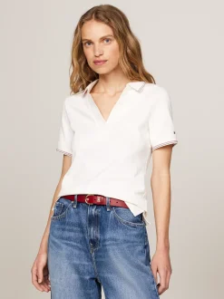 Koszulki Polo*Tommy Hilfiger Wąska Koszulka Polo Z Otwartym Dekoltem ANCIENT WHITE