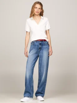 Koszulki Polo*Tommy Hilfiger Wąska Koszulka Polo Z Otwartym Dekoltem ANCIENT WHITE