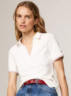 Koszulki Polo*Tommy Hilfiger Wąska Koszulka Polo Z Otwartym Dekoltem ANCIENT WHITE