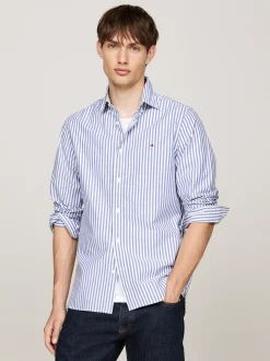 Koszule*Tommy Hilfiger Wąska Popelinowa Koszula TH Flex W Paski MID BLUE / OPTIC WHITE