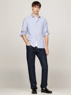 Koszule*Tommy Hilfiger Wąska Popelinowa Koszula TH Flex W Paski MID BLUE / OPTIC WHITE
