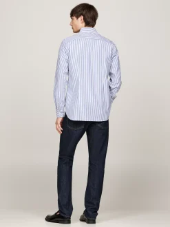 Koszule*Tommy Hilfiger Wąska Popelinowa Koszula TH Flex W Paski MID BLUE / OPTIC WHITE
