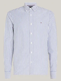 Koszule*Tommy Hilfiger Wąska Popelinowa Koszula TH Flex W Paski MID BLUE / OPTIC WHITE
