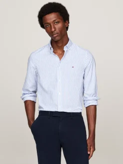 Koszule*Tommy Hilfiger Wąska Popelinowa Koszula TH Flex W Paski VESSEL BLUE / OPTIC WHITE