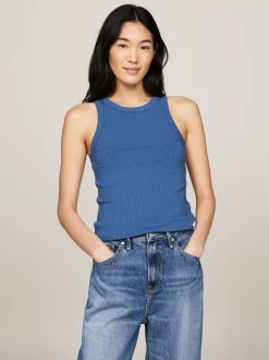 T-Shirty*Tommy Hilfiger Wąska Prążkowana Koszulka Na Ramiączkach FOSSIL BLUE