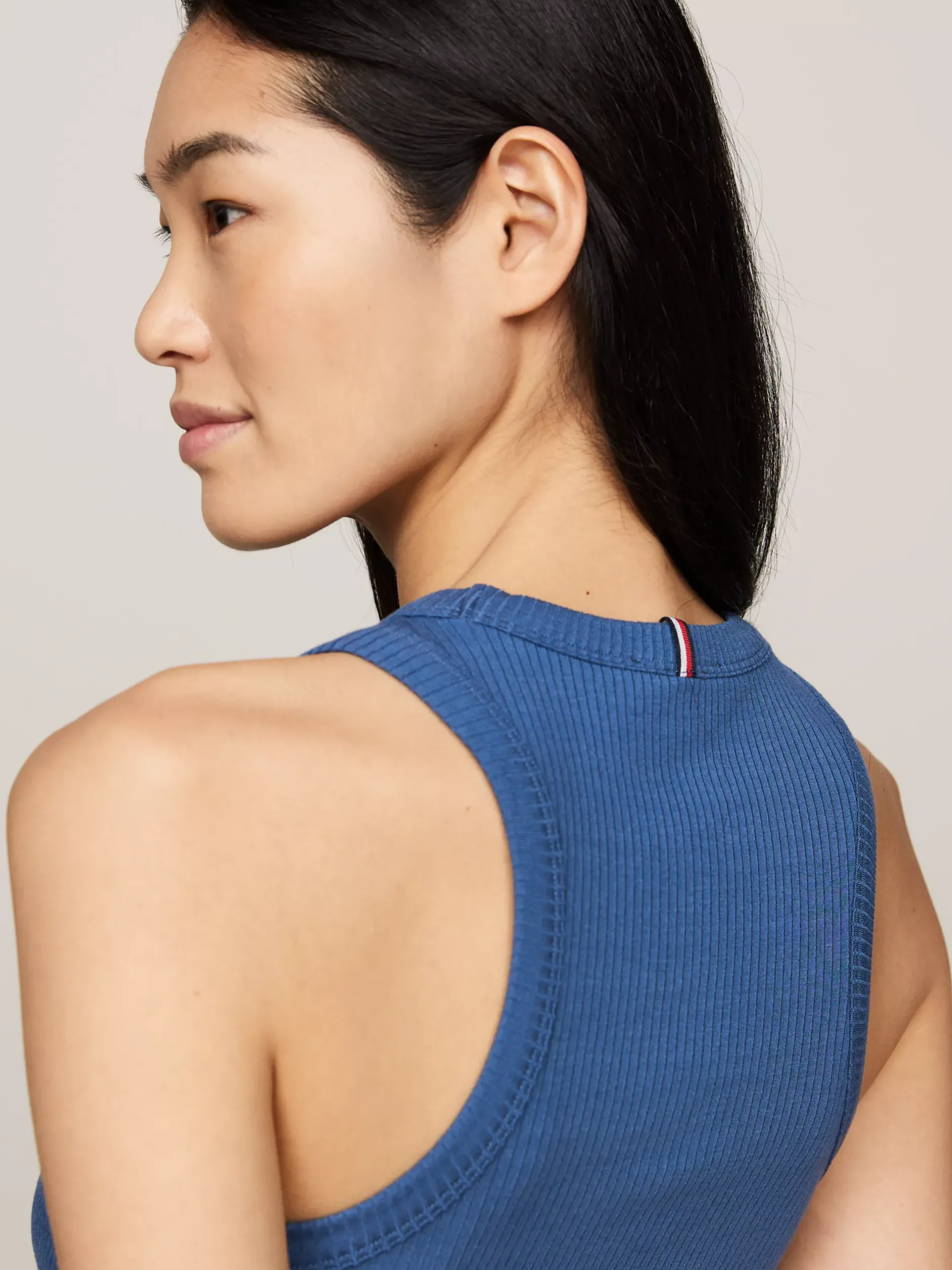 T-Shirty*Tommy Hilfiger Wąska Prążkowana Koszulka Na Ramiączkach FOSSIL BLUE