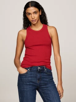 T-Shirty*Tommy Hilfiger Wąska Prążkowana Koszulka Na Ramiączkach DARK MAGMA
