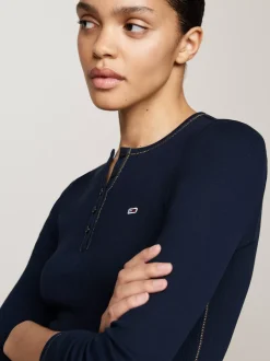 T-Shirty*Tommy Hilfiger Wąski Longsleeve Z Dekoltem Henley DARK NIGHT NAVY