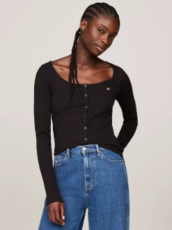 T-Shirty*Tommy Hilfiger Wąski Longsleeve Z Zapięciem Na Zatrzaski BLACK