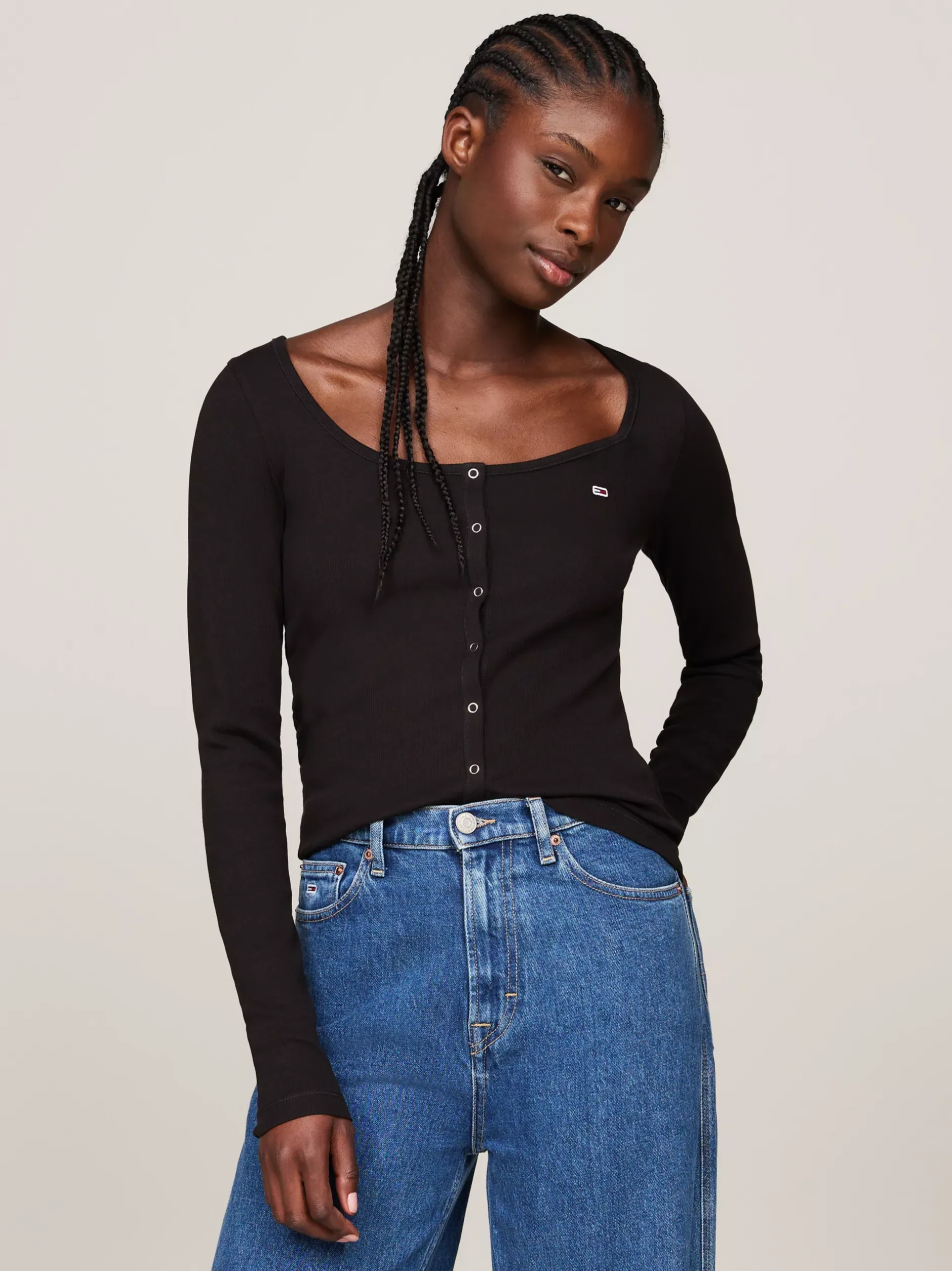T-Shirty*Tommy Hilfiger Wąski Longsleeve Z Zapięciem Na Zatrzaski BLACK
