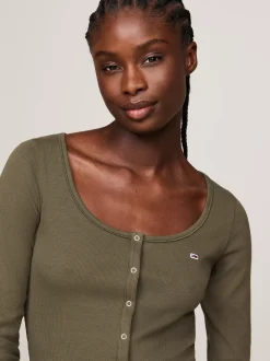 T-Shirty*Tommy Hilfiger Wąski Longsleeve Z Zapięciem Na Zatrzaski FATIGUE GREEN