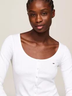 T-Shirty*Tommy Hilfiger Wąski Longsleeve Z Zapięciem Na Zatrzaski WHITE