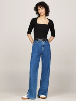Swetry Z Okrągłym Dekoltem|Swetry*Tommy Hilfiger Wąski Sweter Z Kwadratowym Dekoltem BLACK