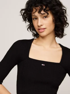 Swetry Z Okrągłym Dekoltem|Swetry*Tommy Hilfiger Wąski Sweter Z Kwadratowym Dekoltem BLACK