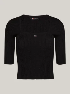 Swetry Z Okrągłym Dekoltem|Swetry*Tommy Hilfiger Wąski Sweter Z Kwadratowym Dekoltem BLACK