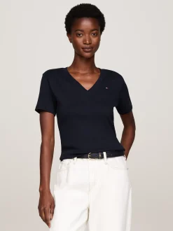 T-Shirty*Tommy Hilfiger Wąski T-shirt Z Dekoltem W Szpic NOS DESERT SKY