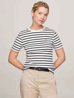 T-Shirty*Tommy Hilfiger Wąski T-shirt Z Okrągłym Dekoltem BRETON ECRU/DESERT SKY