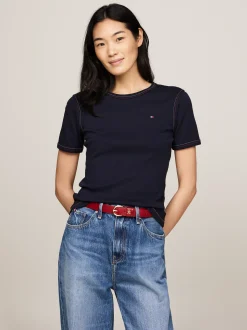T-Shirty*Tommy Hilfiger Wąski T-shirt Z Ozdobnym Stębnowaniem DESERT SKY