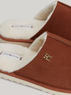 Płaskie Buty*Tommy Hilfiger Zamszowe Kapcie Z Ząbkowaną Podeszwą COGNAC BROWN