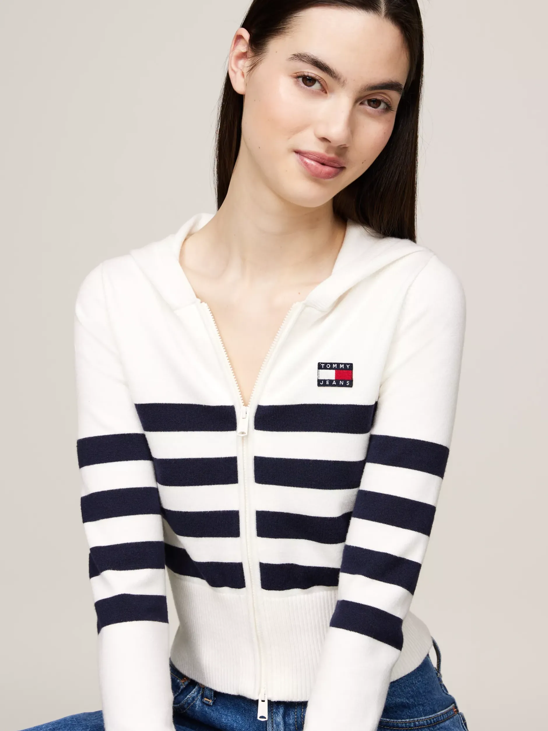 Kardigany|Dzianina*Tommy Hilfiger Zapinana Na Zamek Bluza O Wąskim Kroju Z Kapturem ANCIENT WHITE/STRIPE